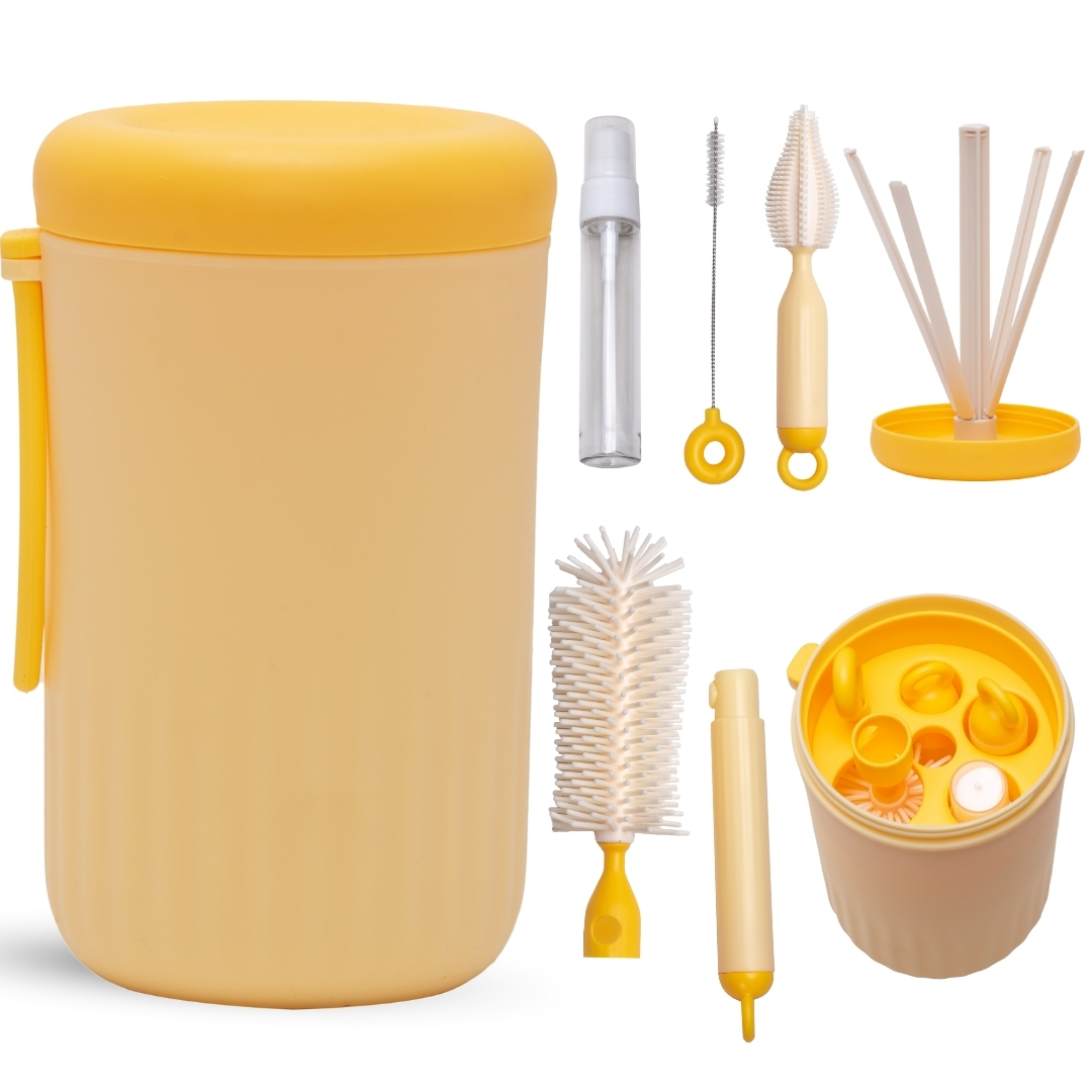 Adore Advanced PRACTO-Smart Travel Bottle Cleaning Brush Kit & Drying Rack with Storage Case- Yellow