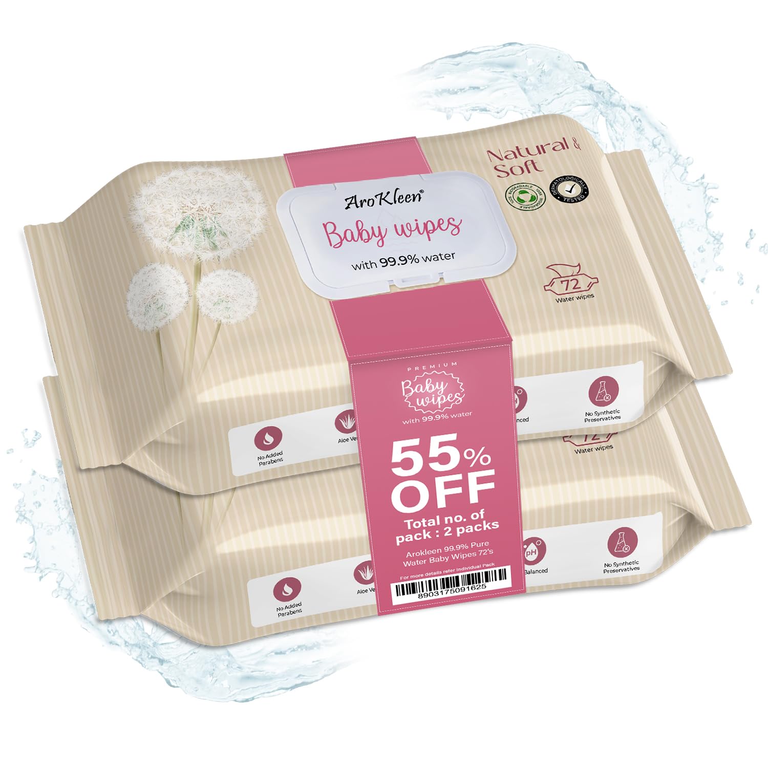 AroKleen 99.99% Pure Water 144 Count Baby Wipes with lid I Rash-Free Wipes | Dermatologically Tested | Plant Based - 100% Biodegradable Wipes for Babies | 3X Super Thick | Aloe Vera & Calendula Oil | Alcohol Free- Pack Of 2