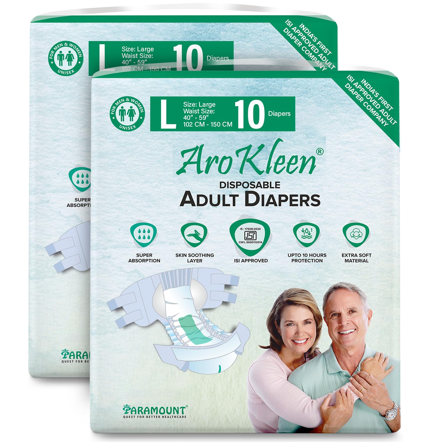 AroKleen (ISI CERTIFIED) Adult Diapers Tape Style | Large (L) Size, 20 Count, Waist Size (102-150cm | 40"-59" inches), Unisex, High Absorbency, Leak Proof, Overnight Protection, Odour lock, Anti-Bacterial Absorbent Core-Pack of 2