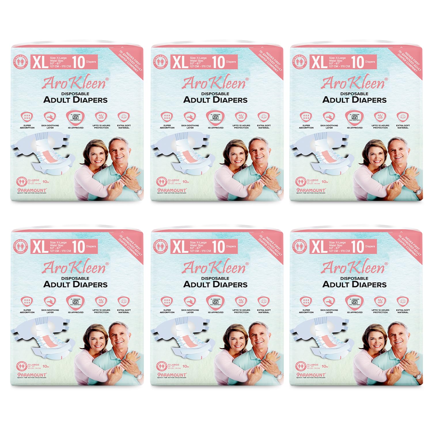 PARAMOUNT INCOFIT Arokleen(Isi Certified)Premium Unisex Adult Diapers Tape Style -60 Count(Extra Large)With Odour Lock And Anti-Bacterial Absorbent Core- Waist Size 127-170 Cm(50"-67")-Pack Of 6